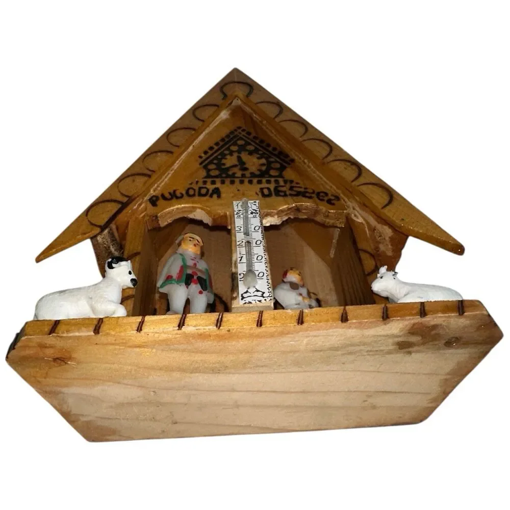 Vintage Romanian Wooden Weather House Chalet Thermometer Folk Art Decor